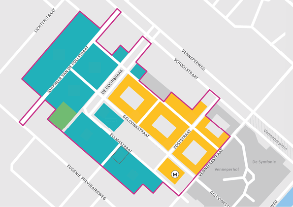 Afbeelding: weergavekaart met de plek van het Marktgebouw, aangegeven met de letter M.