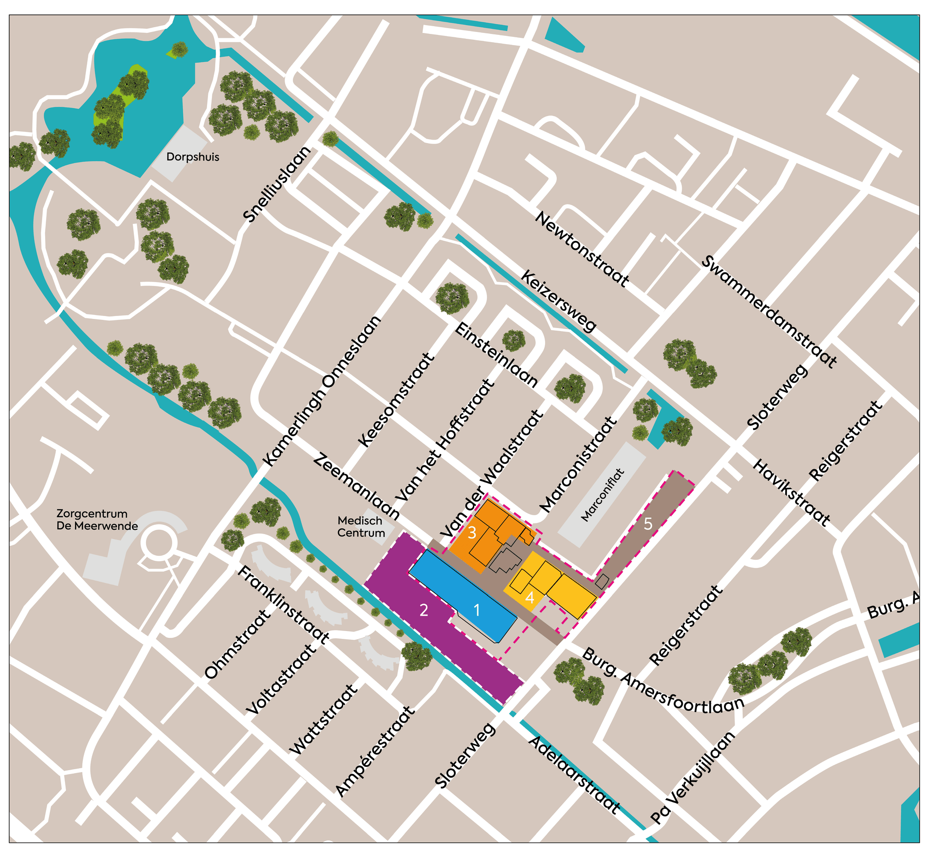 Kaart van het centrum van Badhoevedorp. Met in verschillende kleuren de delen van de verschillende eigenaren.