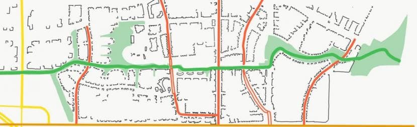 Afbeelding: kaart met de doorgaande straten in Badhoevedorp. De Schuilhoevelaan helemaal rechts ligt in de toekomstige woonwijk Schuilhoeve.