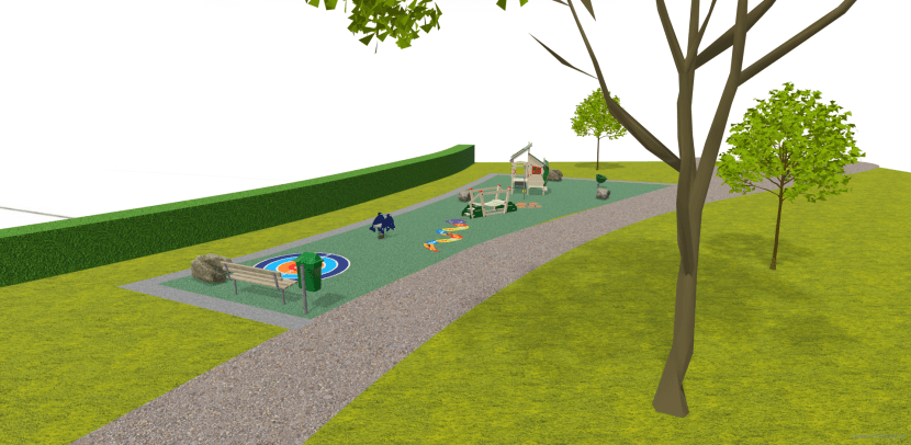 Afbeelding: impressie, grafische weergave van de Speelplek. Ontwerp van de speelplek bij de Sleutelbloemstraat. Ontwerp van Kompan.