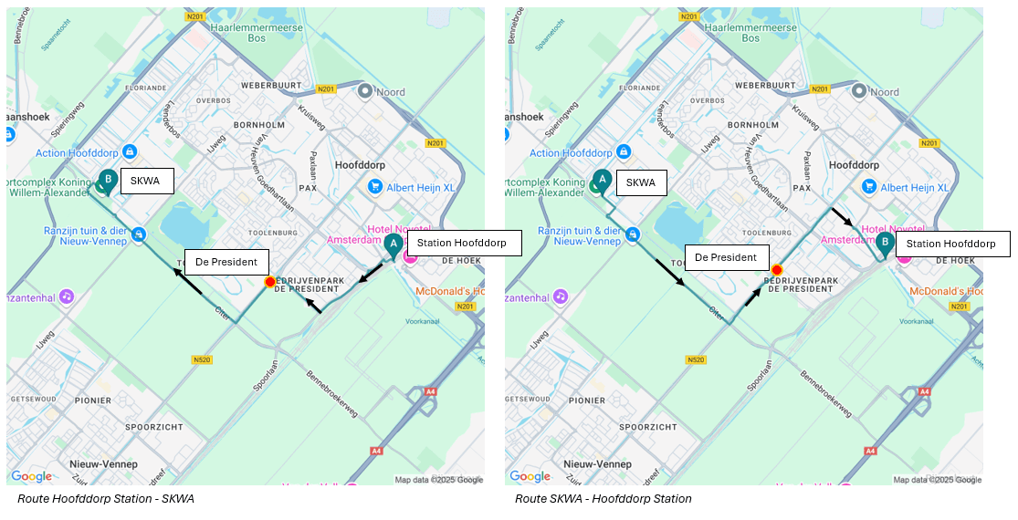 Busroute 343 route Hoofddorp Station - SKWA en route SKWA - Hoofddorp Station