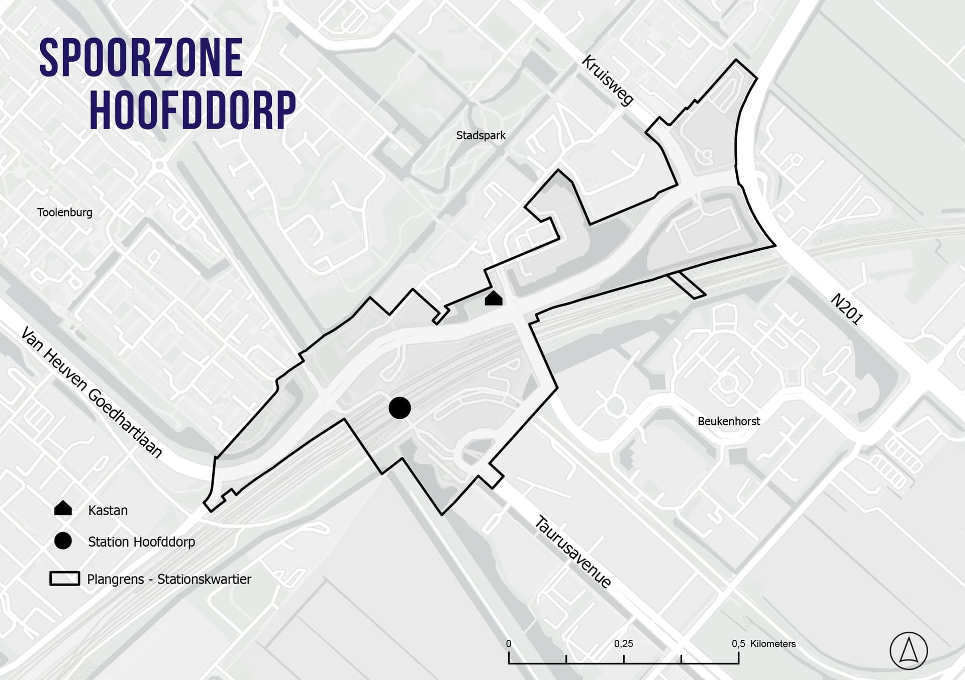 Een kaart van Spoorzone Hoofddorp met het station en Kastan