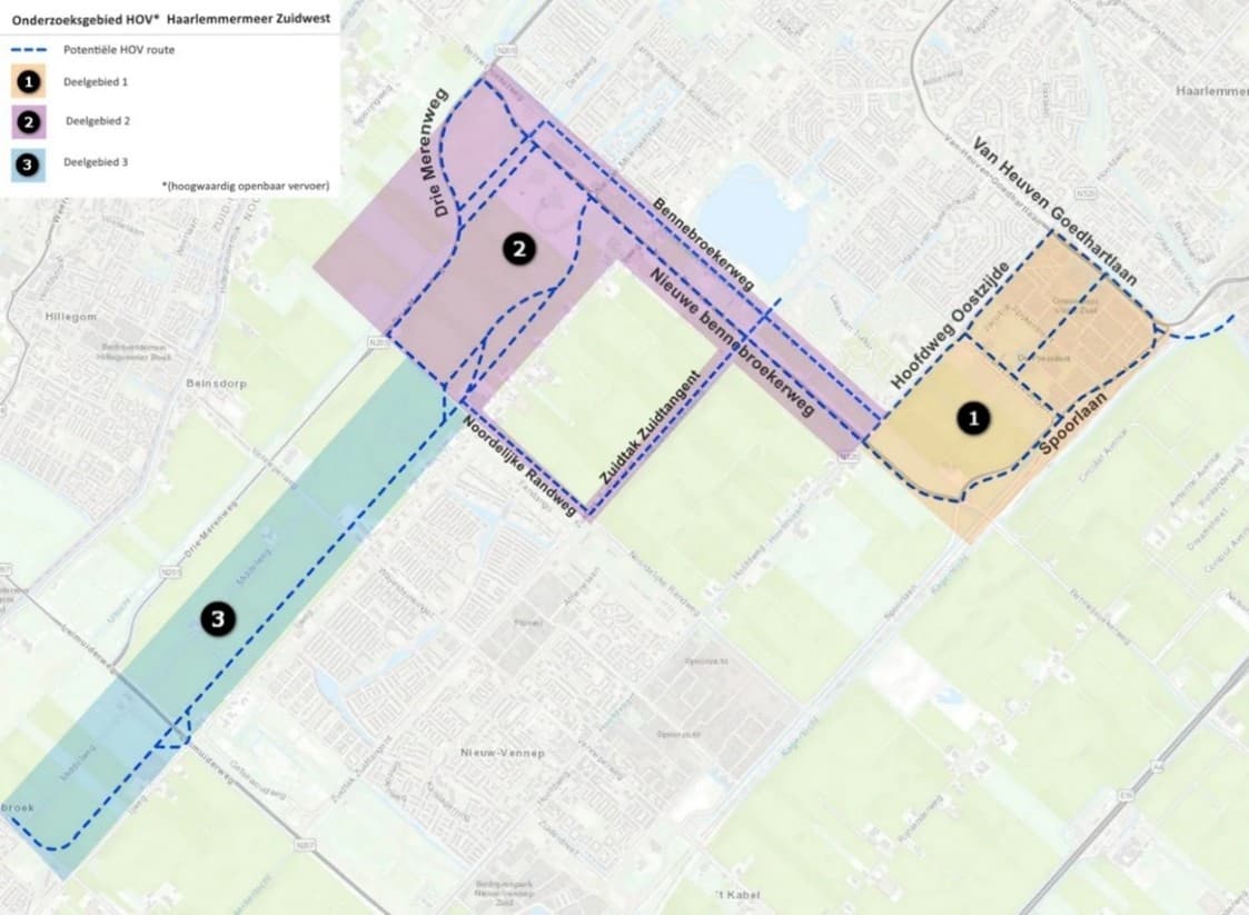 Kaart onderzoeksgebied HOV Haarlemmermeer Zuidwest
