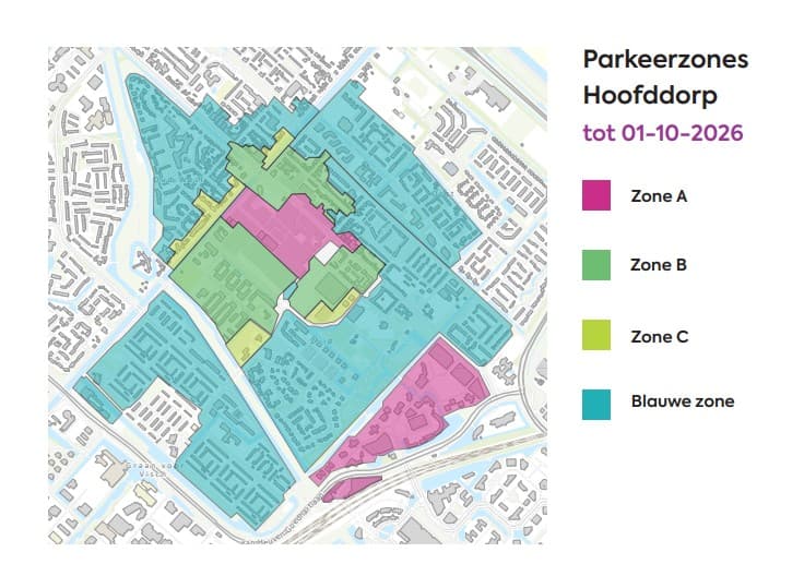 Plattegrond van Stadscentrum Hoofddorp met de tariefzones die gelden tot 1 oktober 2026 voor parkeren