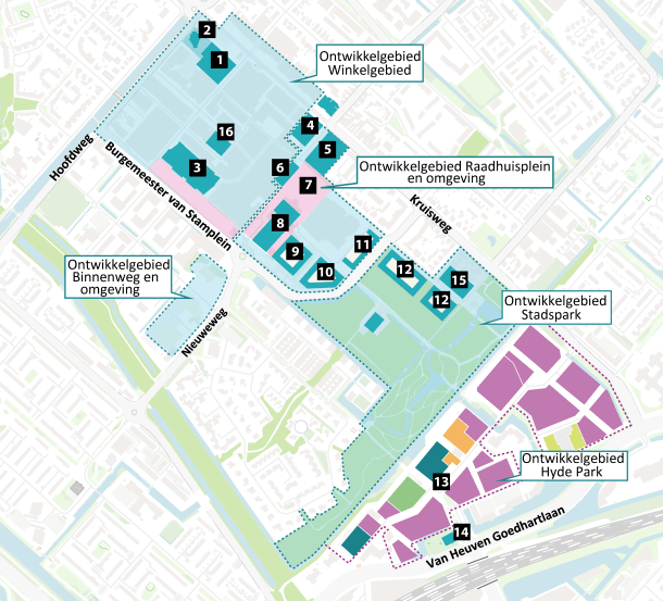 Overzichtskaart met de verschillende ontwikkelingen in het stadscentrum