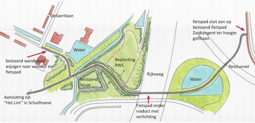 Afbeelding: grafische weergave, landkaart met ontwerp fietspad knoop, in plattegrond van gebied.