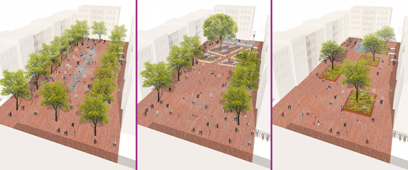 Drie verbeeldingen voor het dorpsplein in Badhoevedorp centrum.