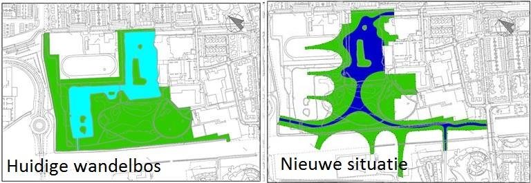 Afbeelding: huidige wandelbos en nieuwe situatie