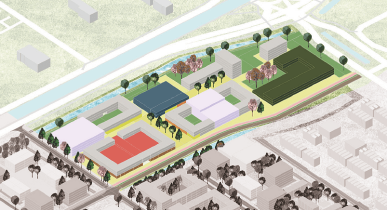 Vogelvlucht beeld van deelgebied Centrum, met rechts de bestaande huurwoningen van Eigen Haard.