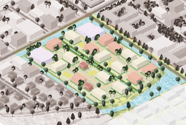 Vogelvlucht beeld van deelgebied Elzenrijk, met aan de linkerkant Rietlanden, rechts Parkbos en aan de bovenkant Erven. 