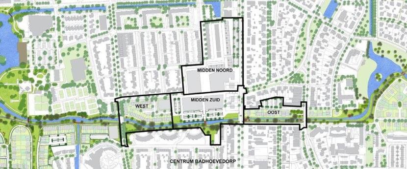 Afbeelding: kaart van Badhoevedorp met de gebieden Midden Noord, Midden Zuid, West en Oost.