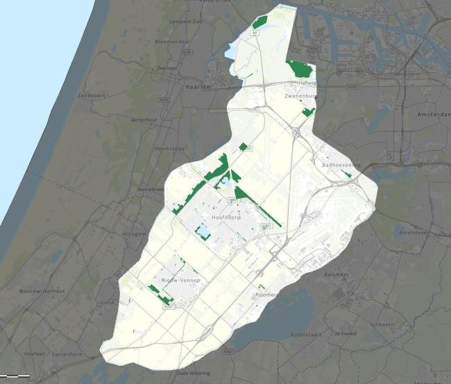 Afbeelding: kaart van de losloopgebieden voor honden in gemeente Haarlemmermeer aangegeven met een groene kleur. (bron: geoweb, losloopgebieden, gemeente Haarlemmermeer)