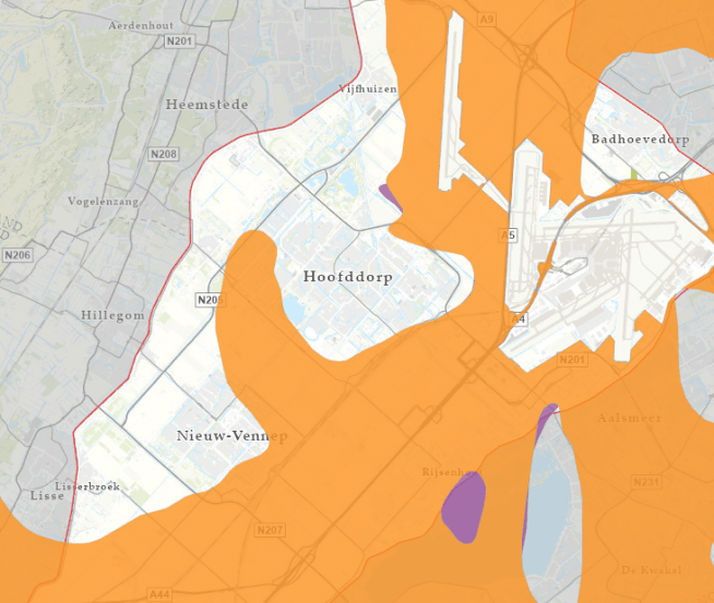 Een van de kaarten van de leefomgevingsfoto. Hierop zijn de grenzen van het LIB te zien. Daarbinnen gelden beperkingen voor het gebruik van de ruimte in verband met de luchthaven.