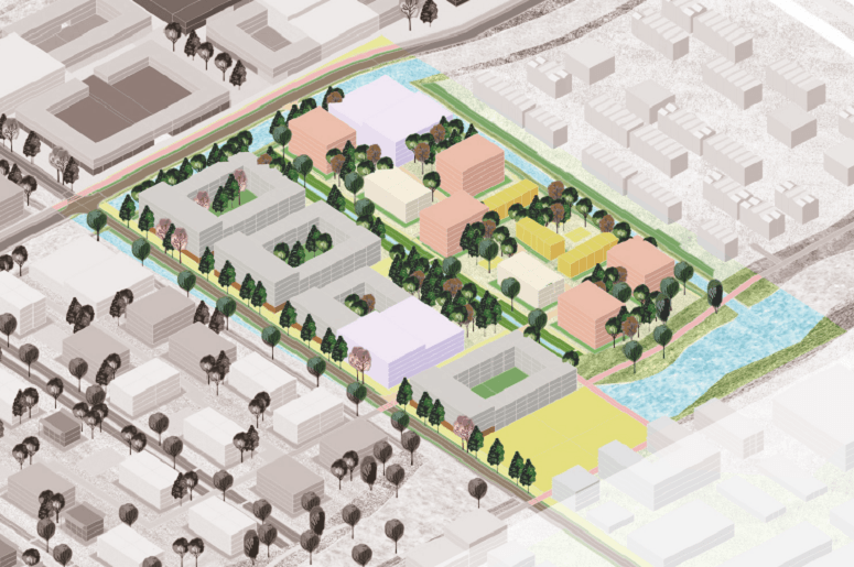 Vogelvlucht beeld van deelgebied Parkbos, met rechtsboven de huurwoningen van Eigen Haard en links deelgebied Elzenrijk.