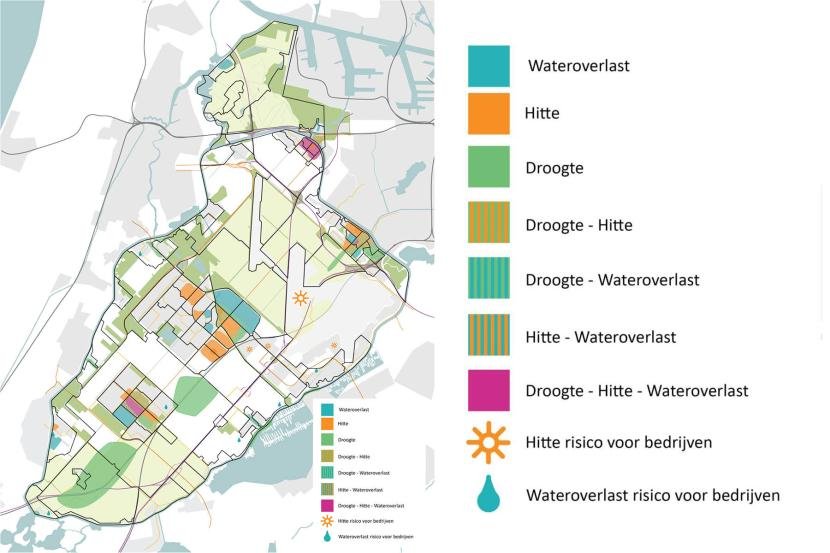 Risicokaart met daarop de wijken die gevoelig zijn voor droogte, wateroverlast en hitte.