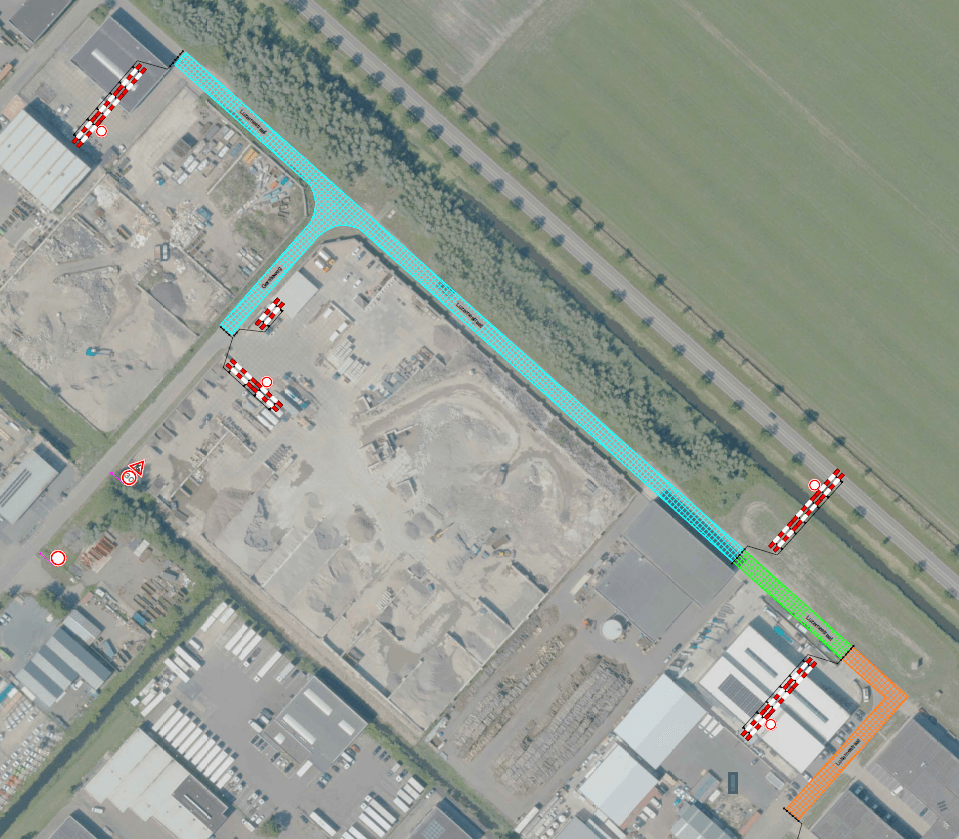Kaart van de werkzaamheden aan bedrijventerrein Spoorzicht voor fase 5 tot en met 7. Afgesloten wegen zijn gemarkeerd.