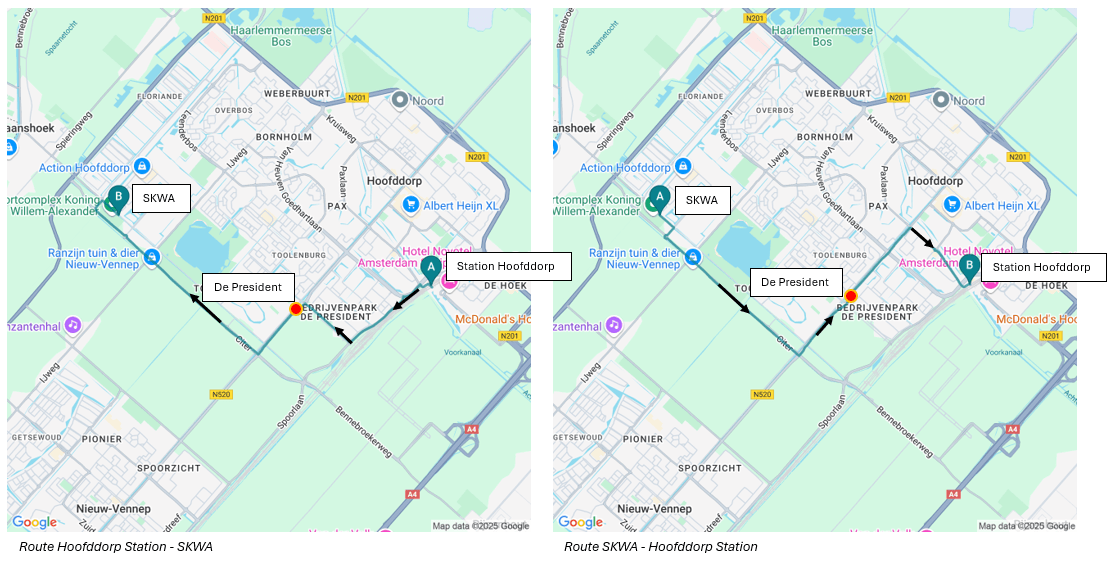 Busroute 343 route Hoofddorp Station - SKWA en route SKWA - Hoofddorp Station