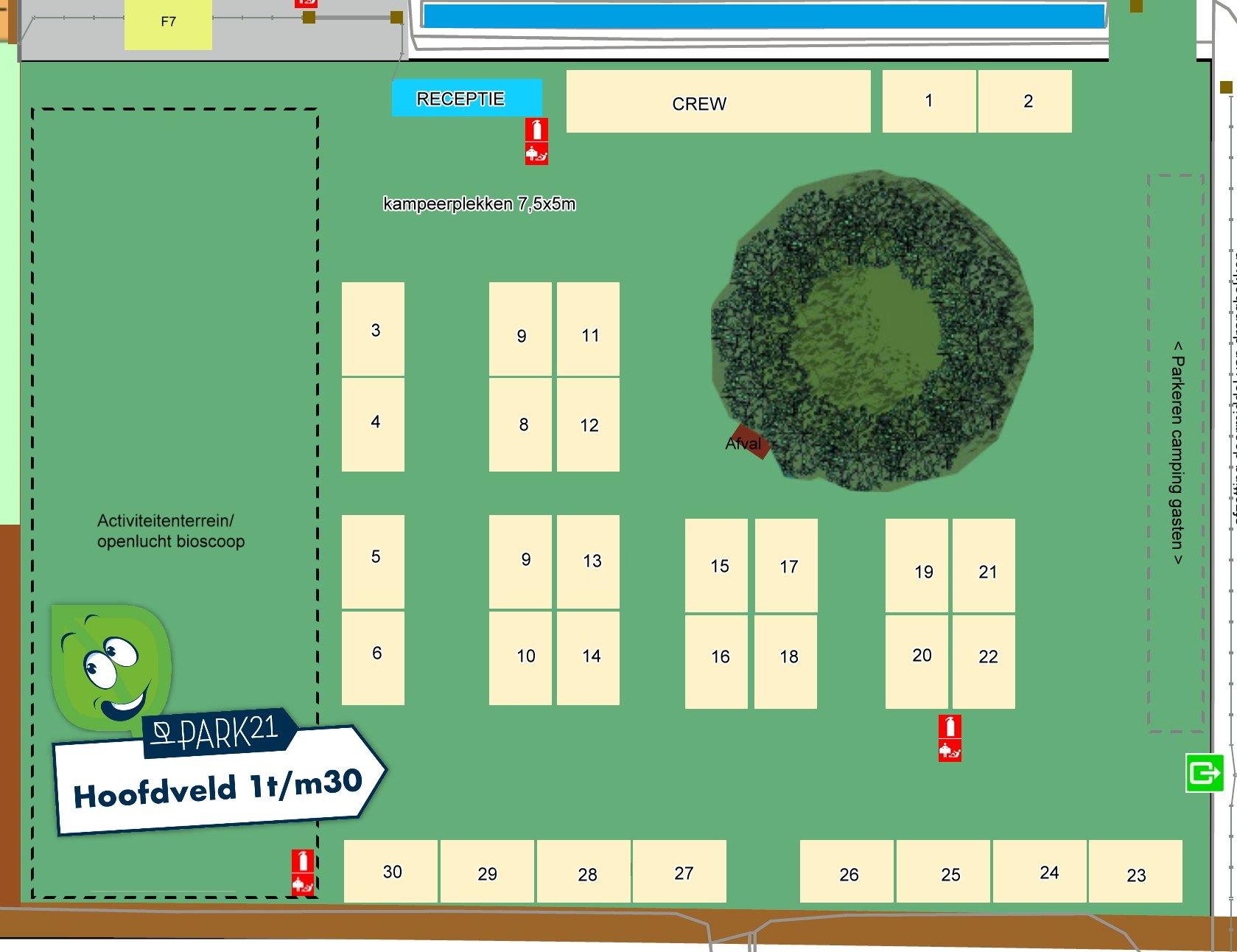 Campingplekken 1 t/m 30 op het hoofdveld