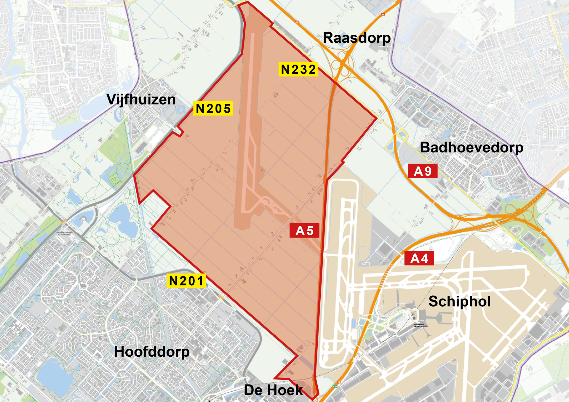 Kaart met het afgesloten gebied rond Schiphol tijdens de NAVO-top, begrensd in rood. Het gebied ligt tussen Hoofddorp, Vijfhuizen, Raasdorp en Badhoevedorp, en omvat delen van de A5. N-wegen N201, N205 en N232 lopen langs de randen.