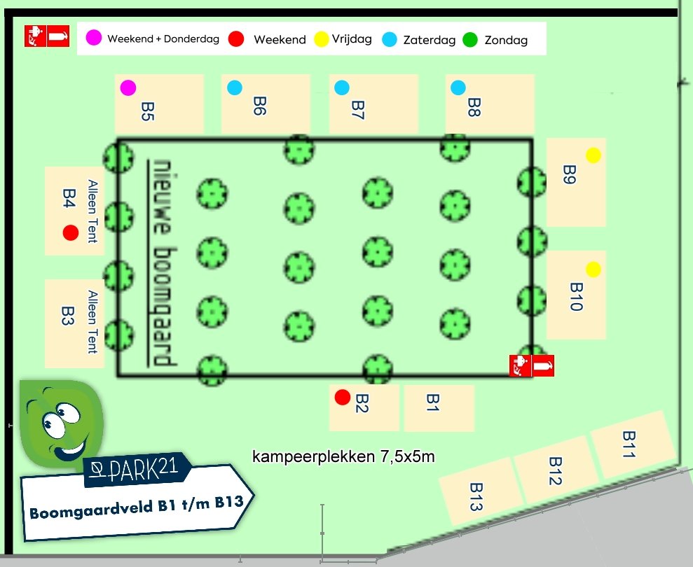 Beschikbare campingplekken B1 tot B13