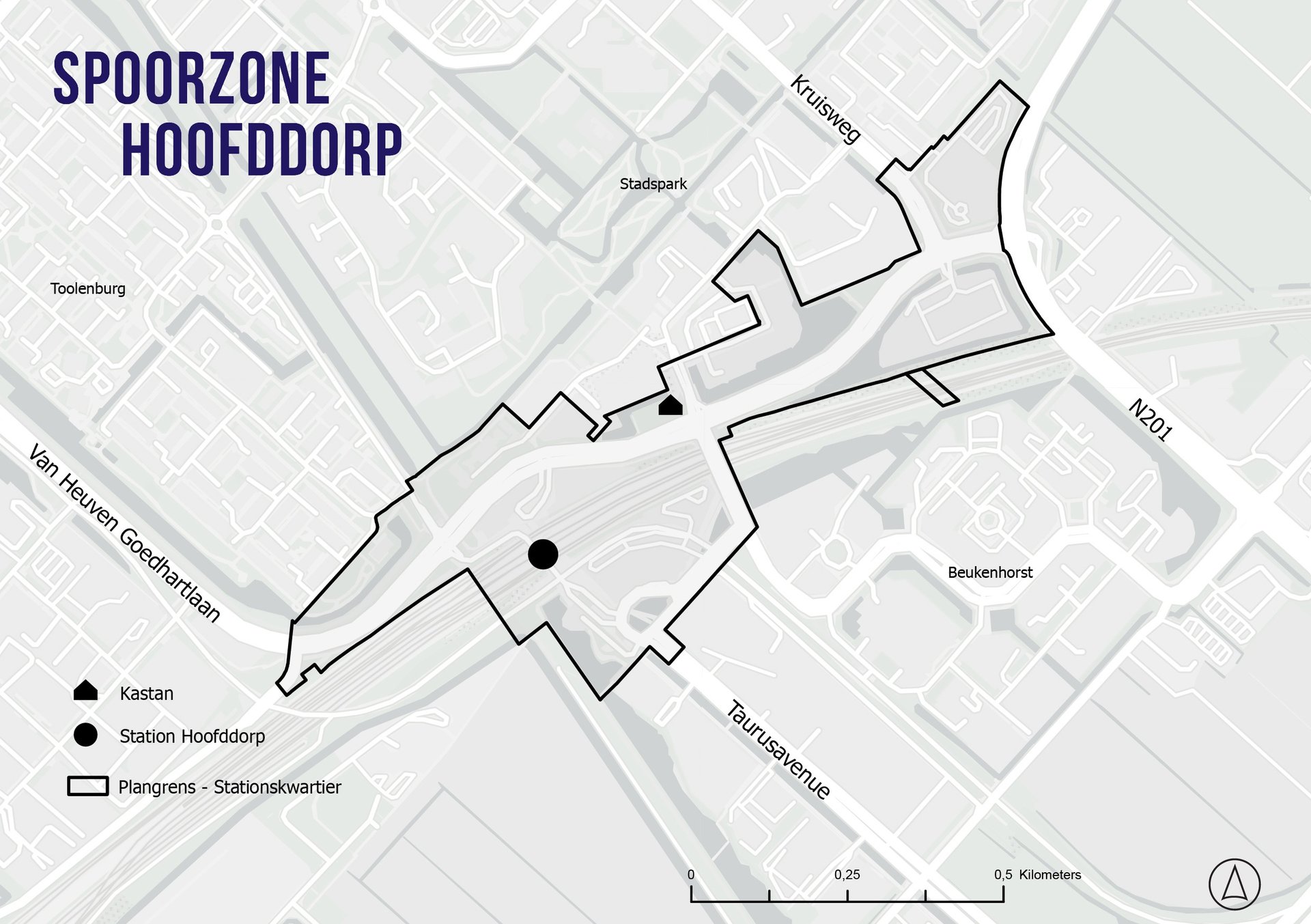 Een kaart van Spoorzone Hoofddorp met het station en Kastan