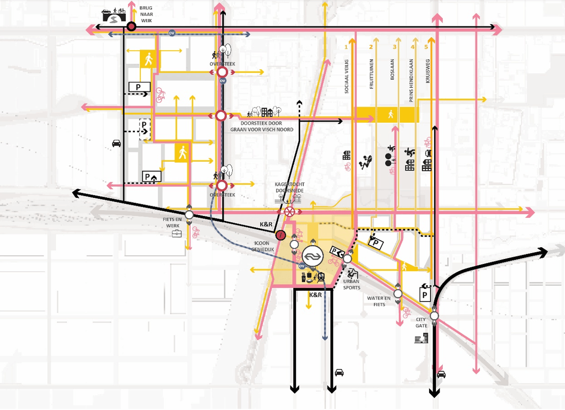 Op dit kaartje uit het Ontwikkelkader Spoorzone Hoofddorp is te zien hoe doorgaand verkeer in de toekomst zou kunnen rijden. De plek voor de verbinding van wijken in Hoofddorp met de Weg om de Zuid (Nieuwe Bennebroekerweg) is nog niet bekend. Daarover denken inwoners nu mee. 