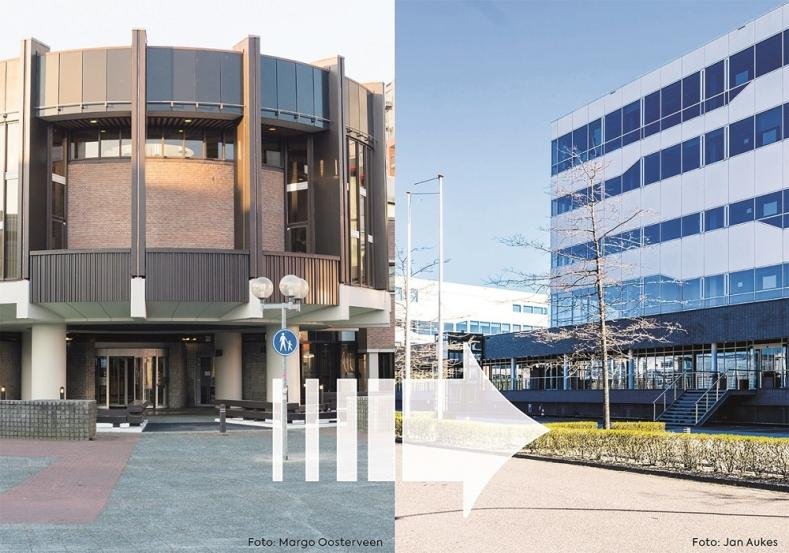 links het raadhuis aan het Raadhuisplein, rechts de tijdelijke locatie aan de Taurusavenue