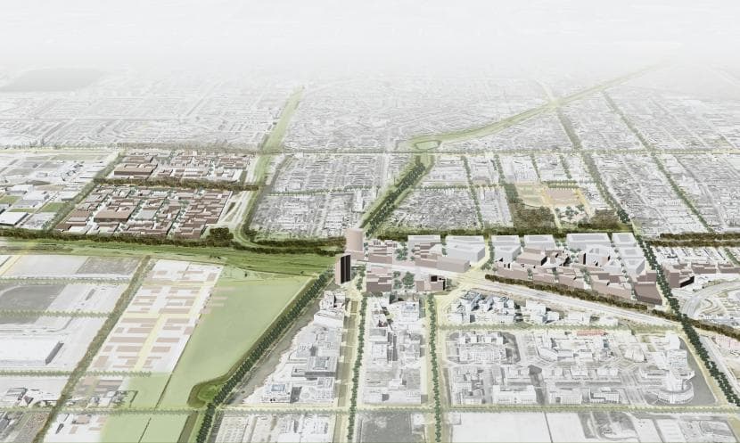 Spoorzone Hoofddorp, met links het deelgebied Graan voor Visch Zuid, in het midden station Hoofddorp en rechts het Stationskwartier. De Geniedijk loopt van linksonder naar rechtsboven.