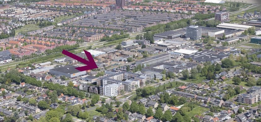 afbeelding: luchtfoto van Pionier-Bols met op de voorgrond in de foto geplakt de toekomstige nieuwbouw van het Westerdreefkwartier