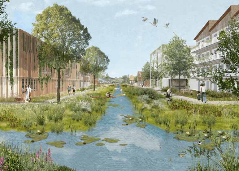 Indruk van het water en een parkeergebouw in Lincolnpark