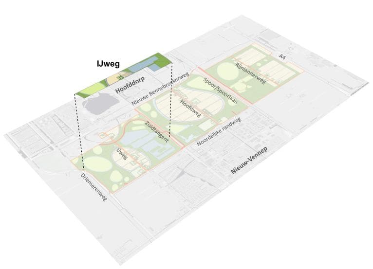Afbeelding: kaart met daarop de ligging van deelgebied IJweg binnen PARK21 (Beeld: Planmaat)