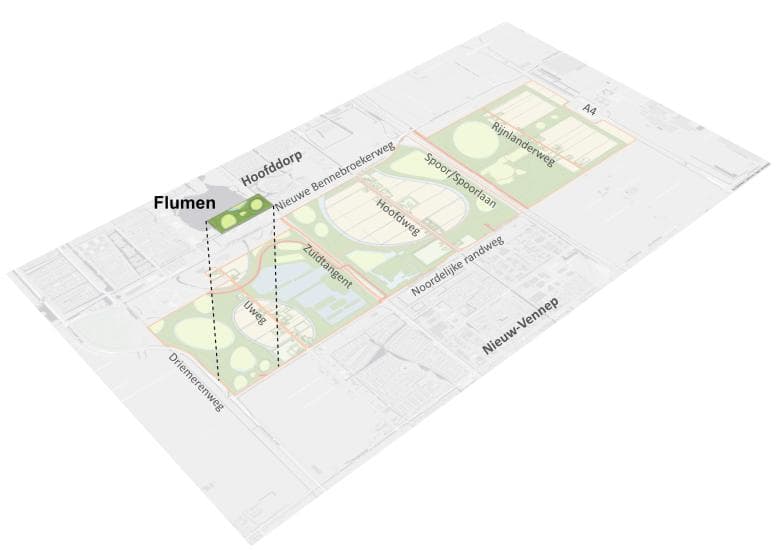 Afbeelding: kaart met de ligging van deelgebied Flumen binnen PARK21 (Beeld: Planmaat)