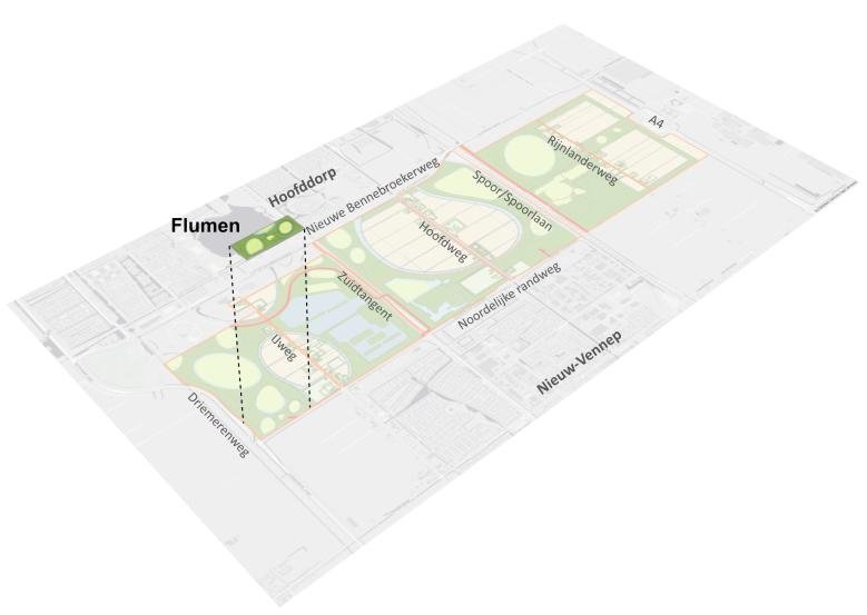 Afbeelding: kaart met de ligging van deelgebied Flumen binnen PARK21 (Beeld: Planmaat)