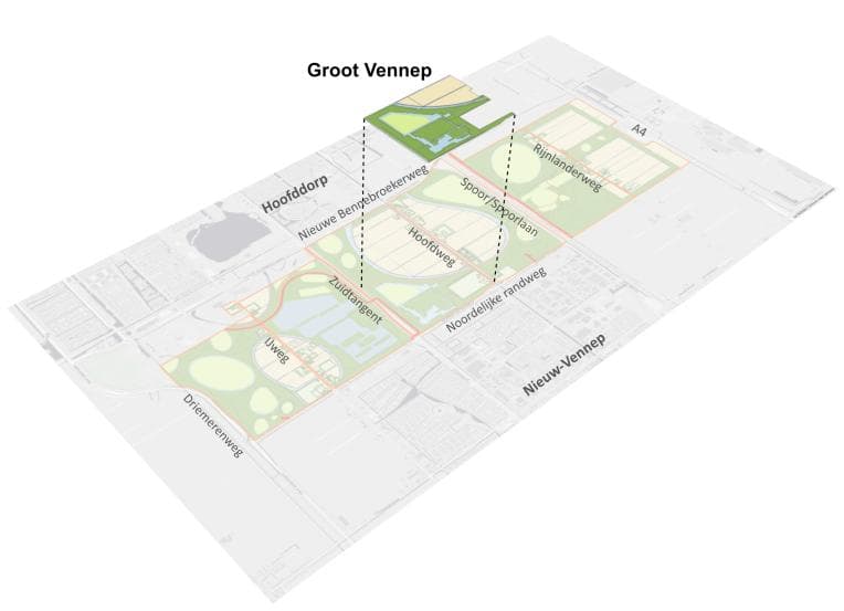 Afbeelding: kaart met de ligging van deelgebied Groot Vennep binnen PARK21 (Beeld: Planmaat)