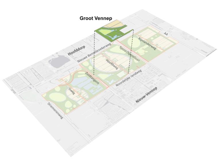 Afbeelding: kaart met de ligging van deelgebied Groot Vennep binnen PARK21 (Beeld: Planmaat)