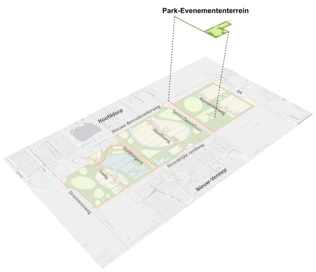 Afbeelding: kaart met de ligging van het Park-Evenemententerrein binnen PARK21 (Beeld: Planmaat)