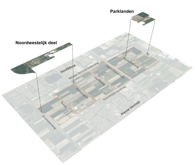 Afbeelding: kaart met het Noordwestelijk deel en deelgebied Parklanden in PARK21 (Beeld: Planmaat).