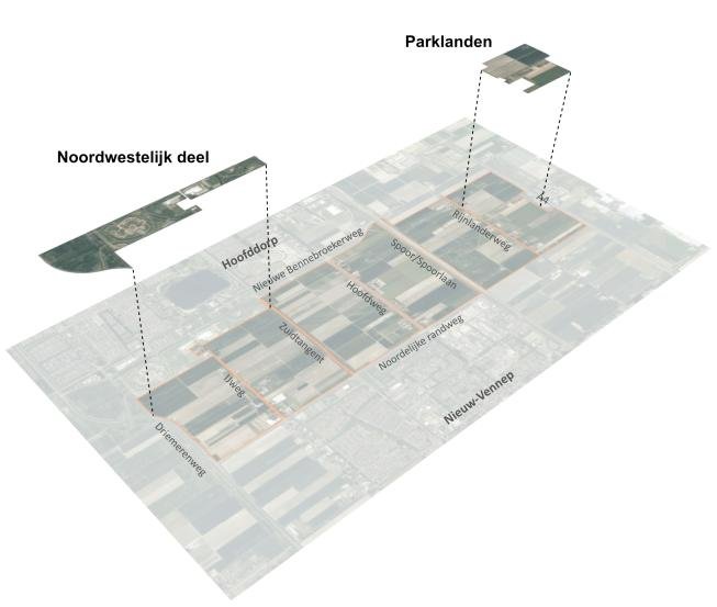 Afbeelding: kaart met het Noordwestelijk deel en deelgebied Parklanden in PARK21 (Beeld: Planmaat).
