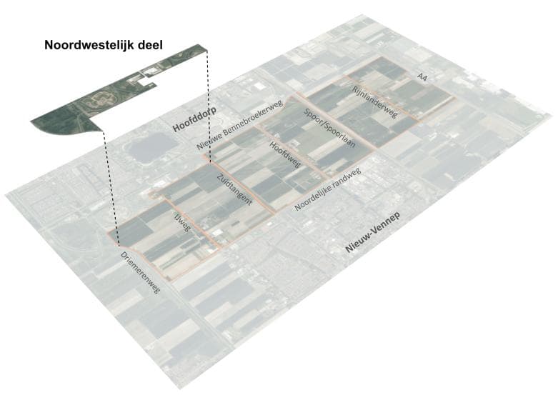 Afbeelding: kaart met de ligging van het Noordwestelijk deel in PARK21 (Beeld: Planmaat)