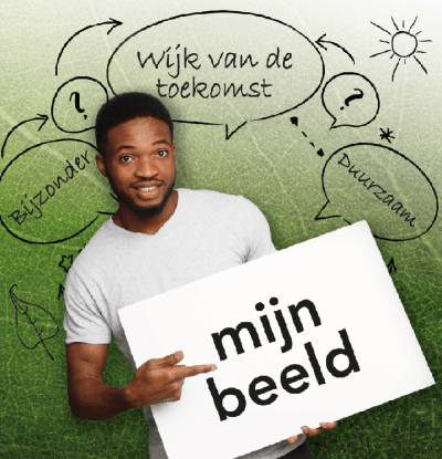 jonge man met bord 'mijn beeld over toekomst wijk'