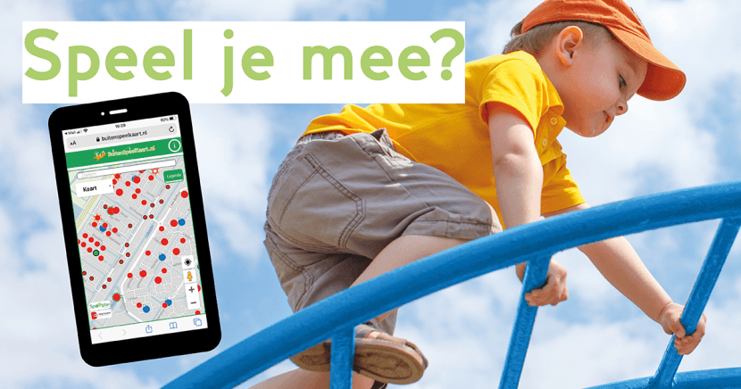 Afbeelding: foto spelend kind op klimrek, mobieltje met plattegrond met speelgelegenheden inzet, en de tekst Speel je mee?