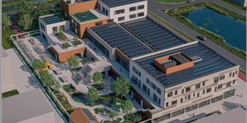 Een impressie van het binnenplein van het nieuwe scholengebouw