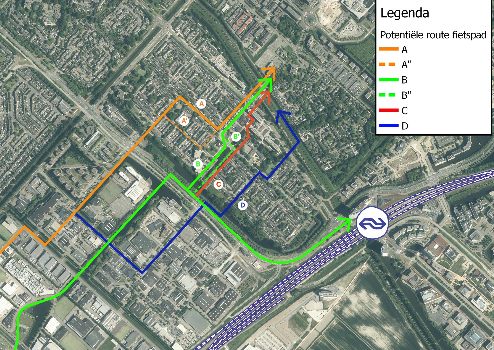 De vier mogelijke routes van het fietspad door Graan voor Visch