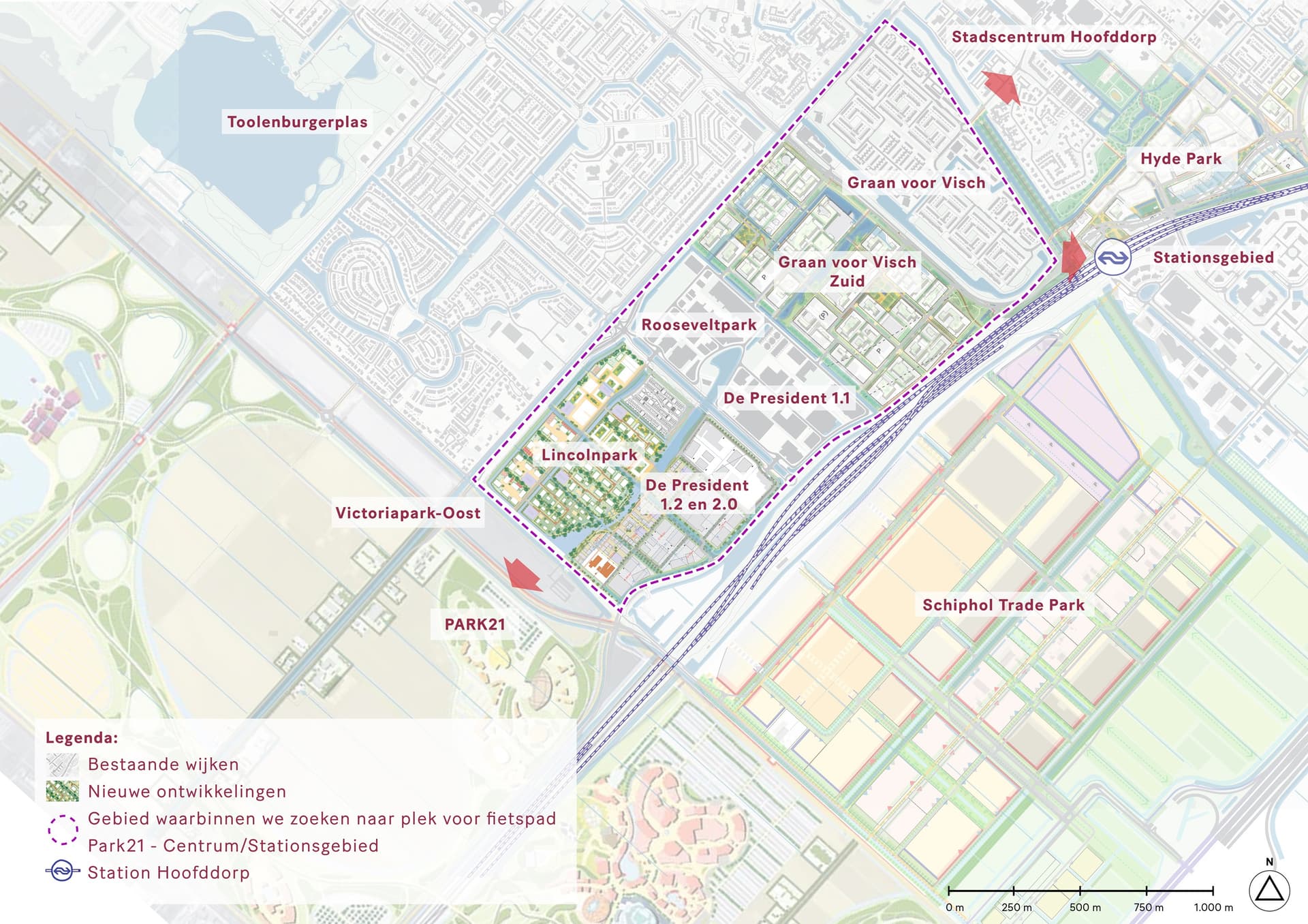 Plattegrond van het gebied in Hoofddorp waar veel nieuwe woningen komen en waarvoor een betere fietsverbinding nodig is.