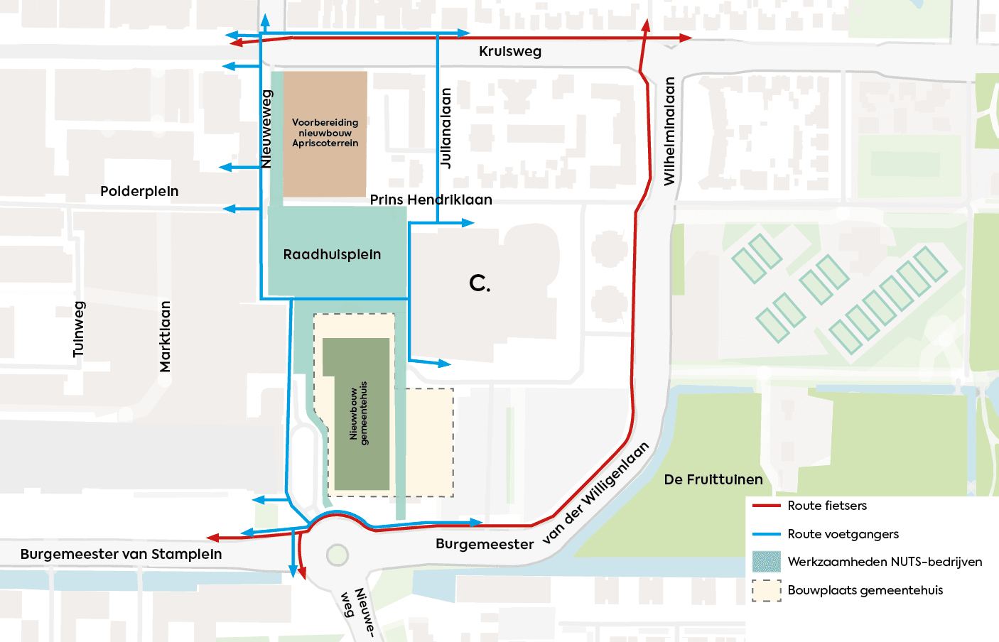 Kaart tijdelijke loop- en fietsroutes Raadhuisplein