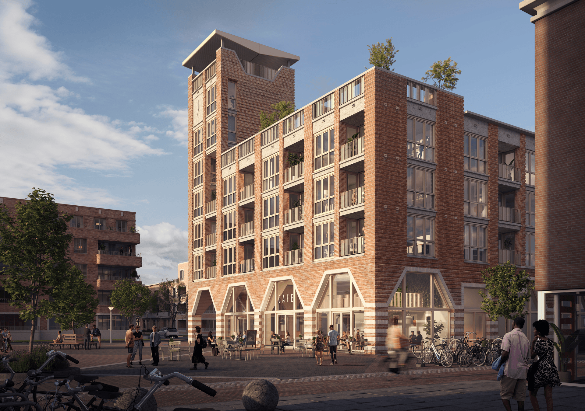 Afbeelding door HBB Groep: indruk van het Marktgebouw vanaf de Elemastraat, schetsontwerp december 2024. Aan de afbeelding kunnen geen rechten worden ontleend.
