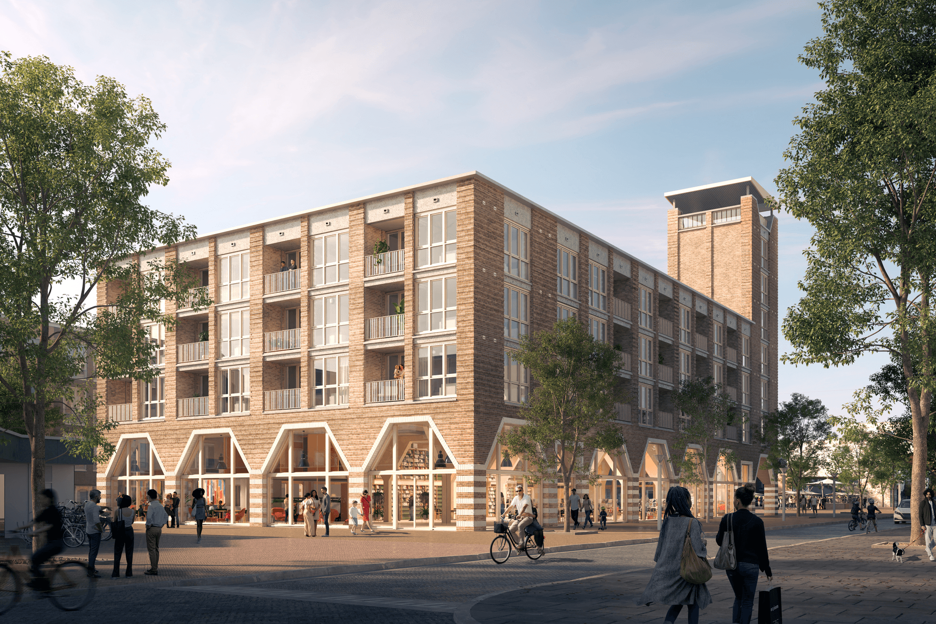 Afbeelding door HBB Groep: indruk van het Marktgebouw vanaf de Venneperstraat, schetsontwerp december 2024. Aan de afbeelding kunnen geen rechten worden ontleend.