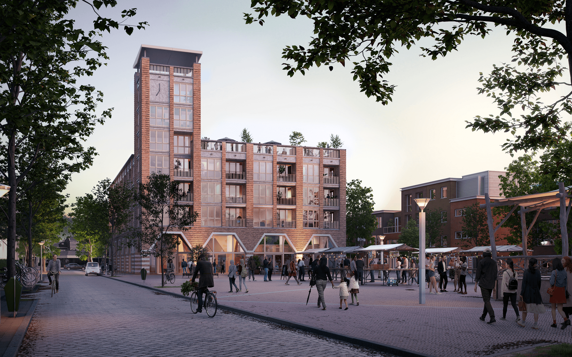 Afbeelding door HBB Groep: indruk van het Marktgebouw vanaf het Harmonieplein, schetsontwerp december 2024. Aan de afbeelding kunnen geen rechten worden ontleend.