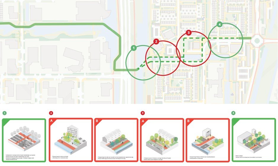 afbeelding: vier mogelijke knelpunten op de fietsroute Hoofddorp-Zuid