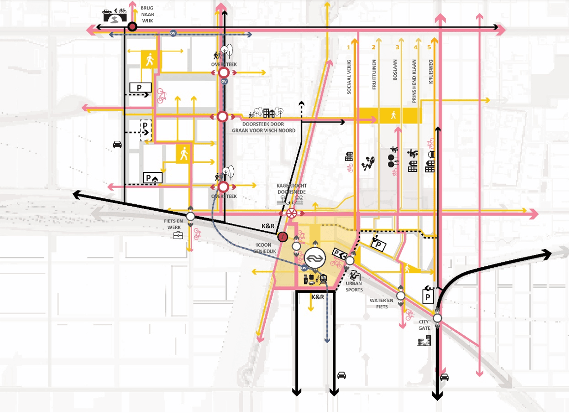 Op dit kaartje uit het Ontwikkelkader Spoorzone Hoofddorp is te zien hoe doorgaand verkeer in de toekomst zou kunnen rijden. De plek voor de verbinding van wijken in Hoofddorp met de Weg om de Zuid (Nieuwe Bennebroekerweg) is nog niet bekend. Daarover denken inwoners nu mee.